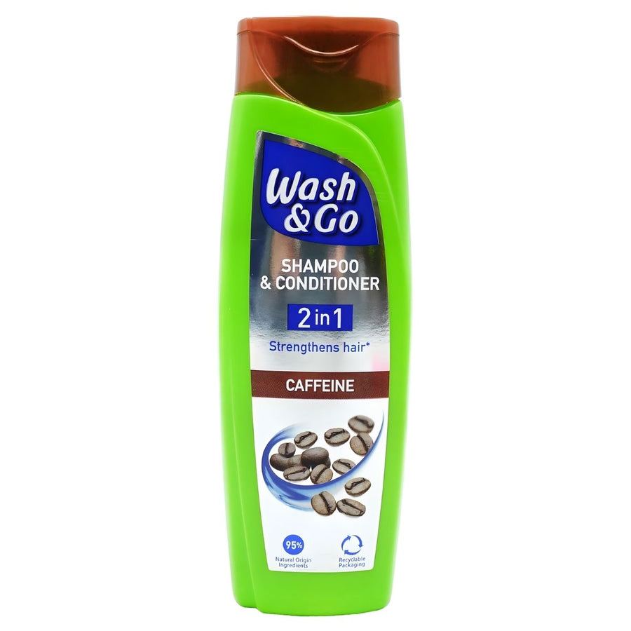 The 180ml Wash & Go - 2 in 1 Shampoo & Conditioner Caffeine features a green bottle with coffee beans on the label and a brown cap, delivering salon-quality hair care.