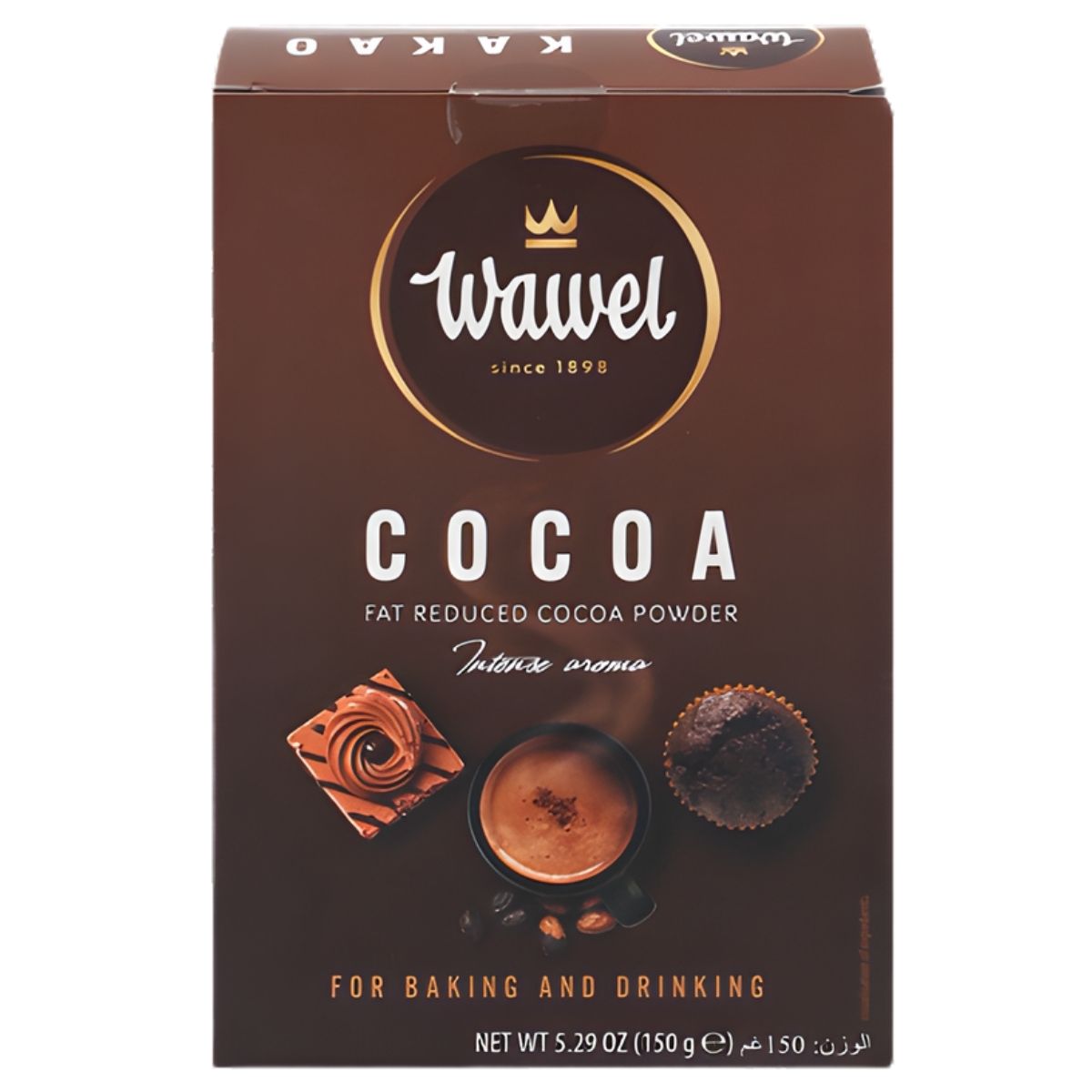 Front of a Wawel - Cocoa Powder - 150g box displays the Wawel brand, product name, images of cocoa powder, chocolate, and a cup; labeled for baking and drinking.