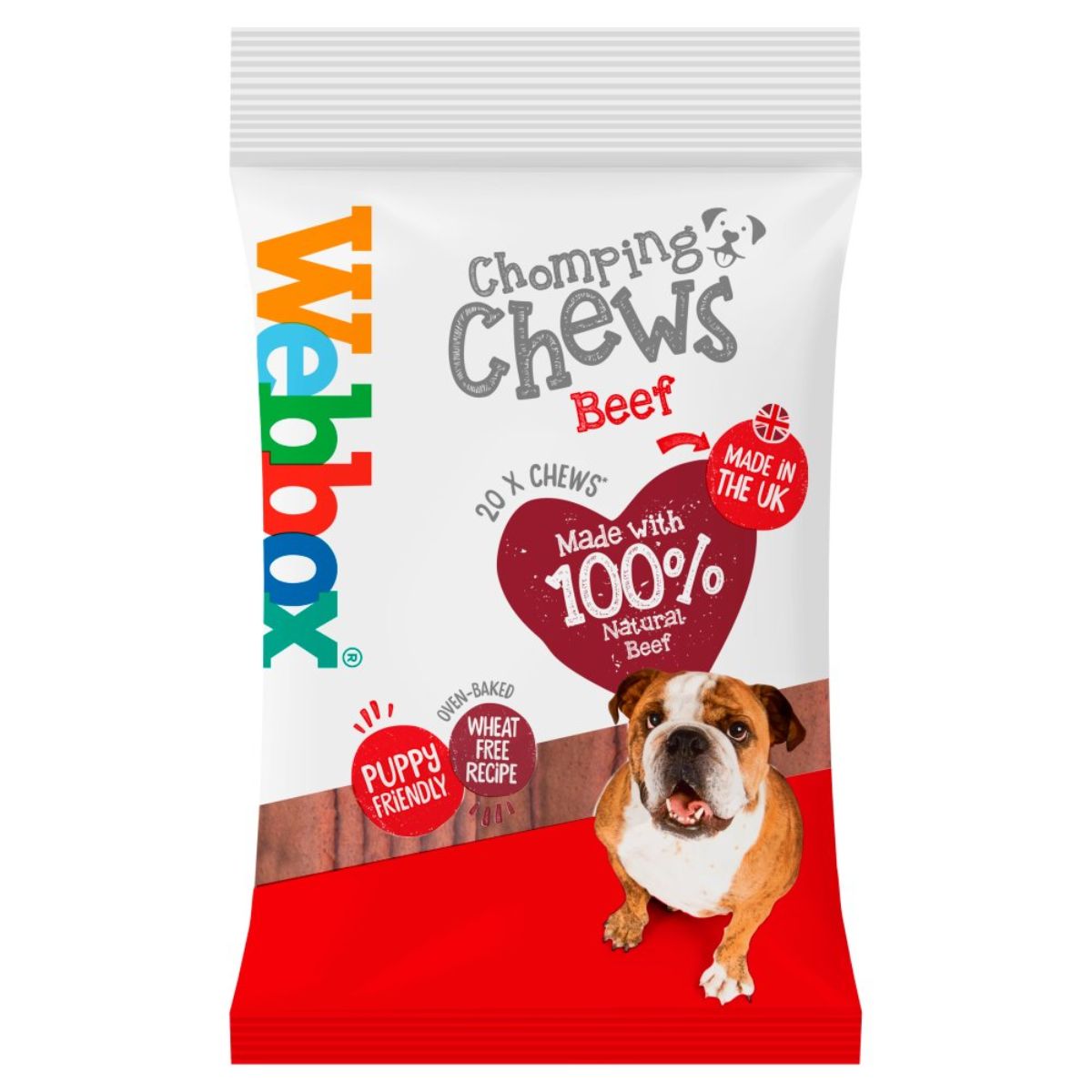 A bag of Webbox - 20 Chomping Chews Beef - 200g with a dog on it.