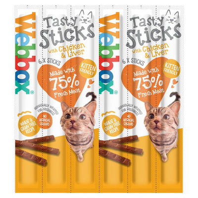 Two packs of Webbox Cat Sticks Chicken & Liver Treats (6 sticks each), made with 75% fresh meat. These wheat and grain free treats from Webbox are kitten friendly and ideal as a tasty reward.