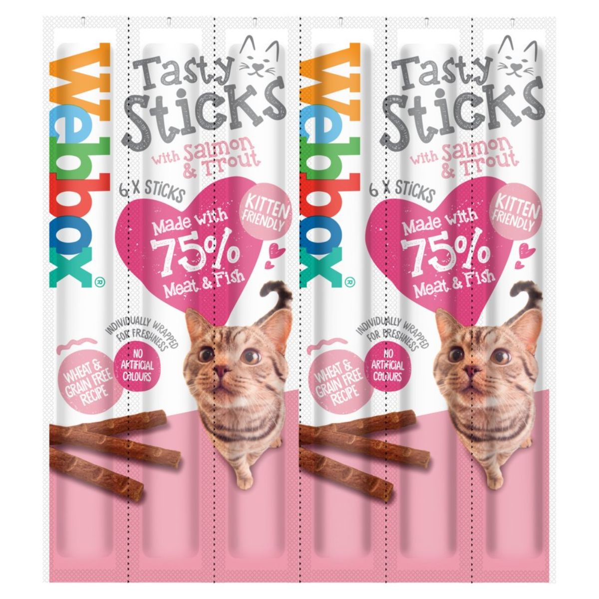 Two packages of Webbox - Cat Sticks Salmon Treats - 6 Sticks for cats.