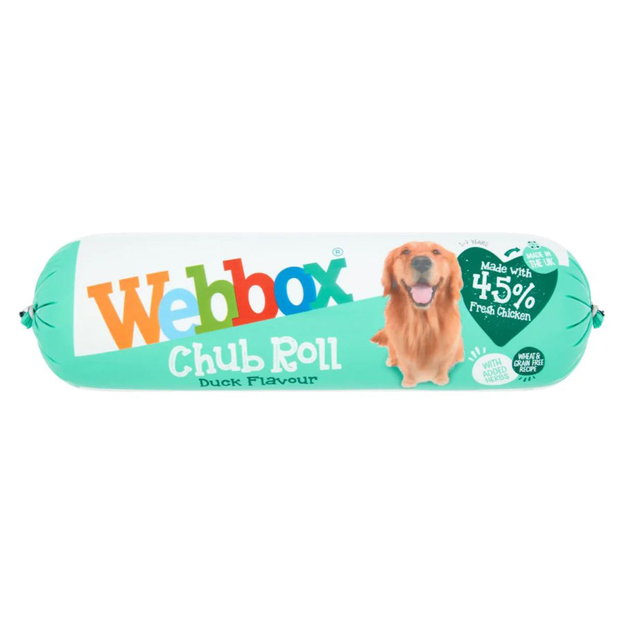 Webbox Chub Roll Duck Flavour 720g dog food by Webbox comes in a green and white pack featuring a dog image and states it is made with 45% fresh chicken.