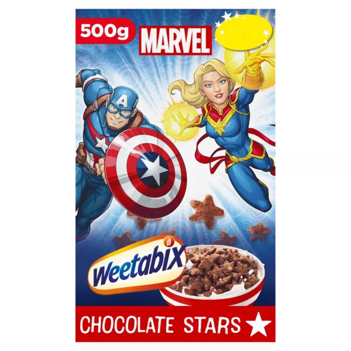 A cereal box with Marvel superheroes Captain America and Captain Marvel, alongside a bowl of Weetabix - Marvel Chocolate Stars 500g, offers a delicious whole grain breakfast.