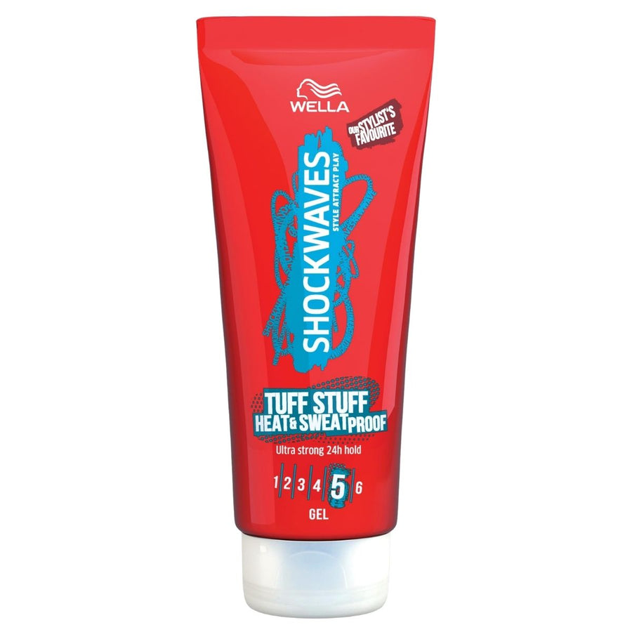 Wella Shockwaves Tuff Stuff Heat & Sweat Proof Gel (200ml) delivers ultra strong, 24-hour hold—perfect for men who need maximum control in any conditions.