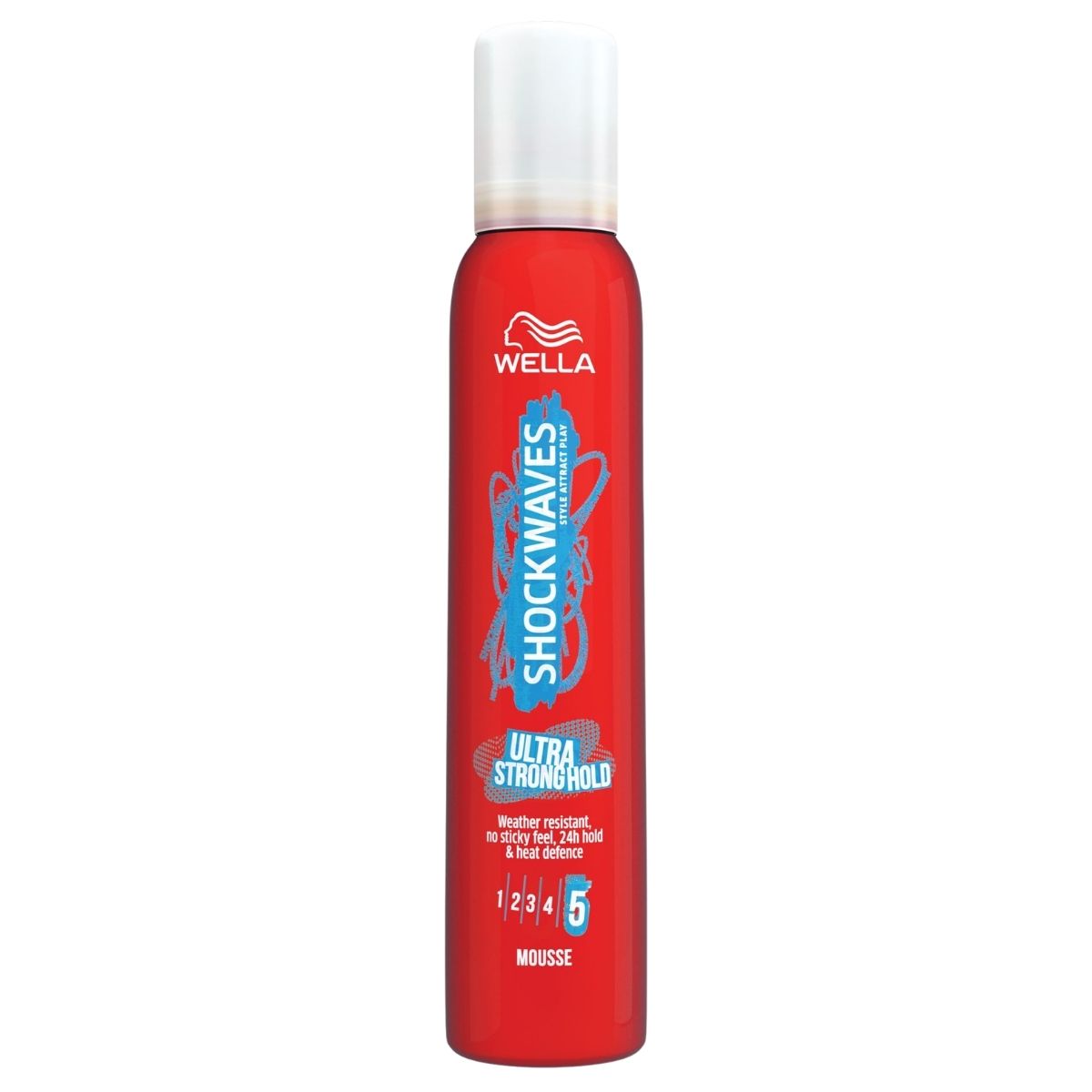 Red bottle of Wella Shockwaves hair product on a white background
