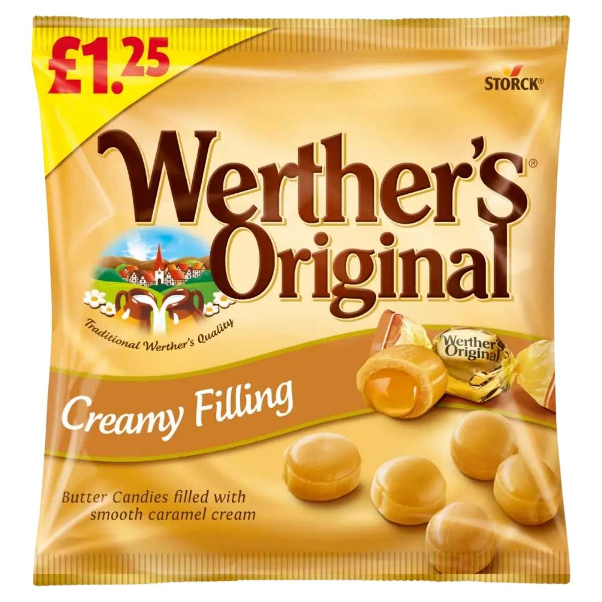 A 110g bag of Werther's Original - Creamy Filling Candies, featuring caramel-filled butter candies, priced at £1.25.