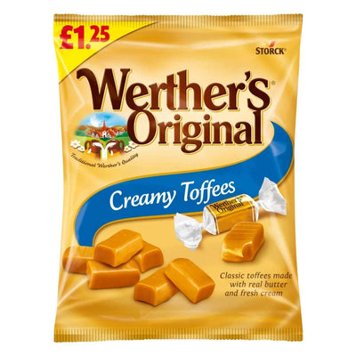 A 110g bag of Werther’s Original - Creamy Toffees, made from traditional German recipes, shows premium sweets on the pack and a £1.25 price label in the top left corner.