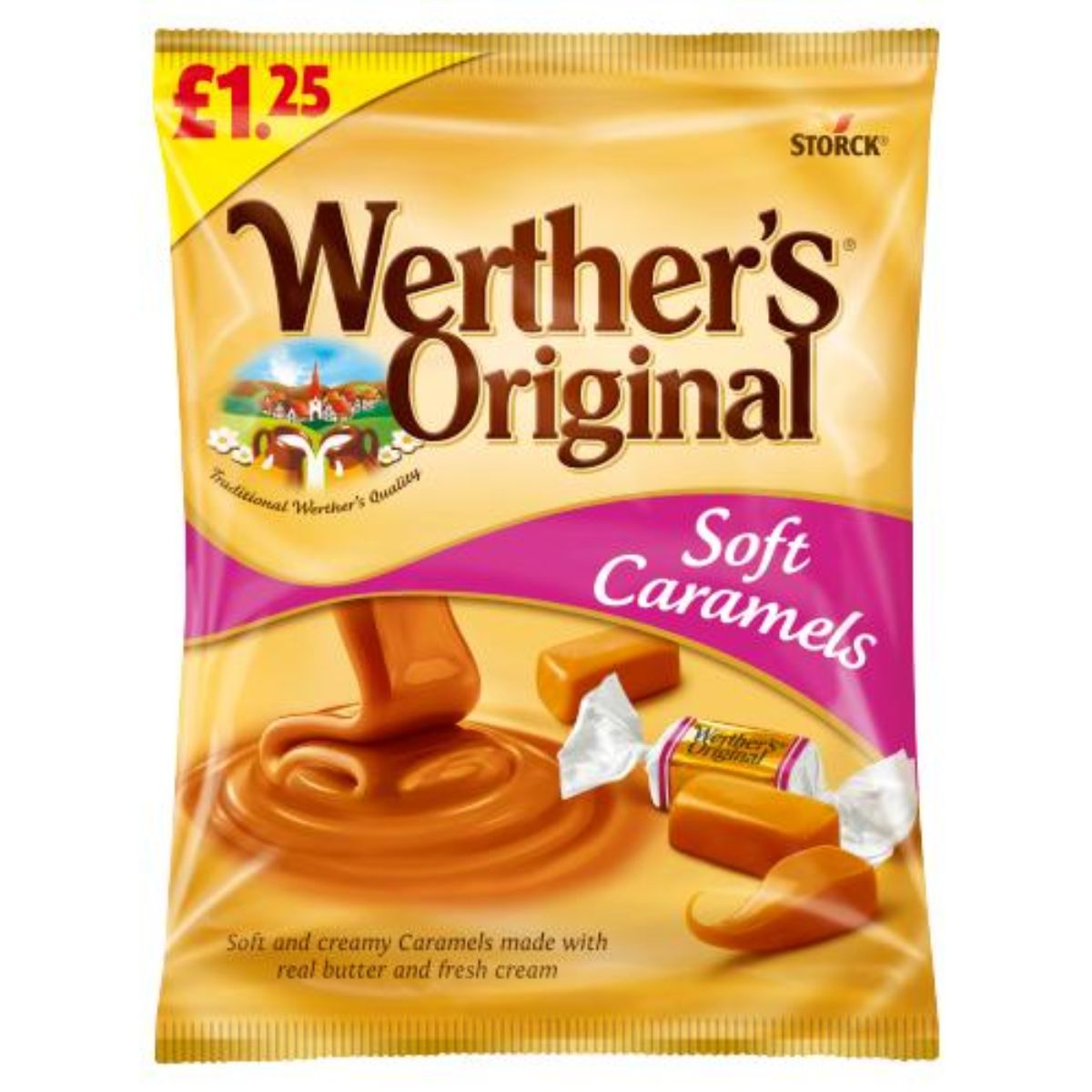 A 110g bag of Werther's Original - Soft Caramels, priced at £1.25, features an image of caramel pieces and highlights that they are made with real butter and fresh cream.