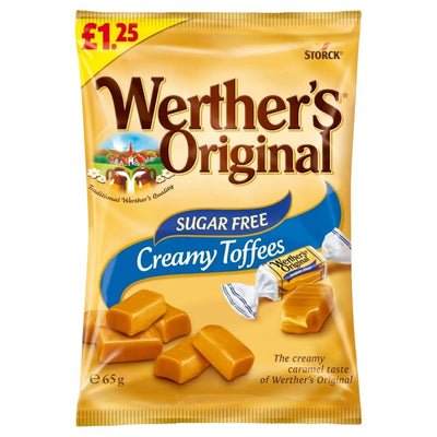 A 65g Werther's Original Sugar Free Creamy Toffees Bag, showing creamy toffees and caramel pieces on the front with a £1.25 price label in the top left corner.
