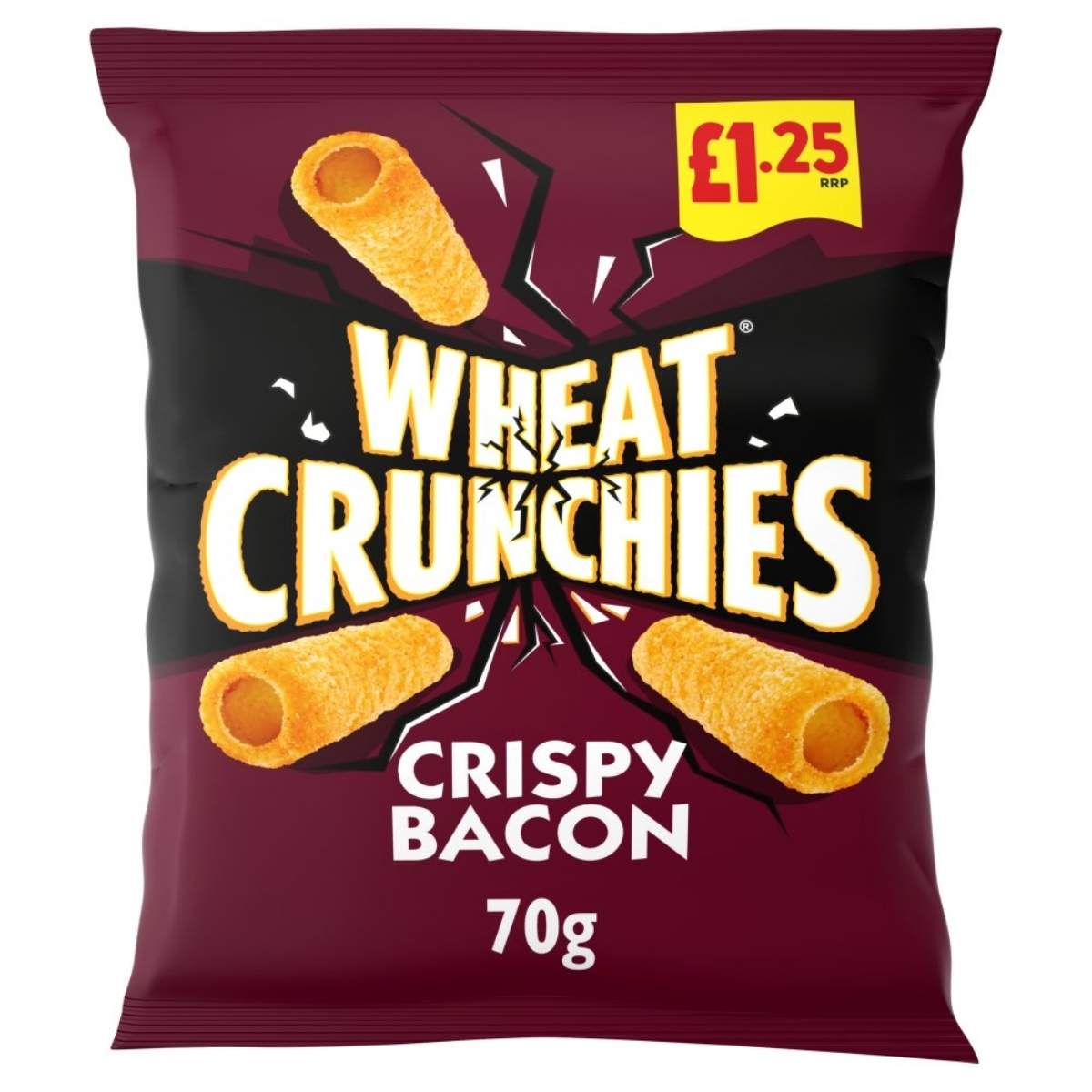 A 70g pack of Wheat Crunchies Bacon Crisps, featuring a red and black design, is available for £1.25. This delicious snack enhances a balanced diet, offering a burst of flavor to support your healthy lifestyle.