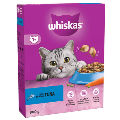 Whiskas - 1+ Adult Dry Cat Food With Tuna (300g) features a gray tabby cat, blue food bowl, and product details on a purple background.