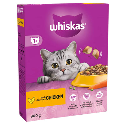 A 300g box of Whiskas - 1+ Adult Dry Cat Food with Chicken, featuring a gray cat and product details on a vibrant pink and yellow background.