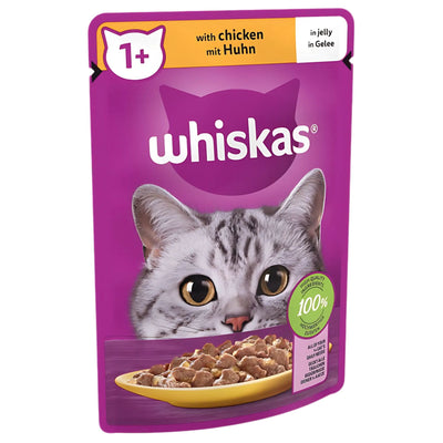 A pouch of Whiskas - 1+ Adult Wet Cat Food in Jelly with Chicken (85g), branded by Whiskas, featuring a gray cat and a plate of food on a purple background.