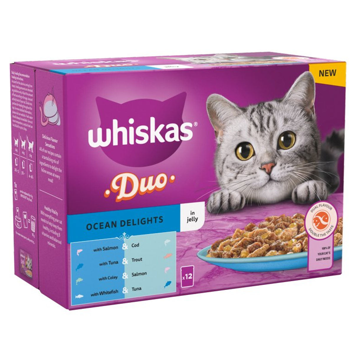 A box of Whiskas 1+ Duo Ocean Delights Adult Wet Cat Food Pouches in Jelly (12 x 85g), featuring a gray tabby cat and a food plate on the front, with flavors and details shown on the packaging.