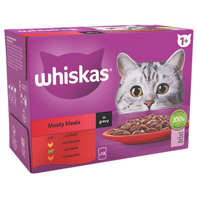 Whiskas - 1+ Meaty Meals Adult Wet Cat Food Pouches in Gravy (12 x 85g): Tasty beef, chicken, lamb & poultry flavours for cats aged 1+, with packaging showing a cat face and a food plate. Convenient pouches from Whiskas.