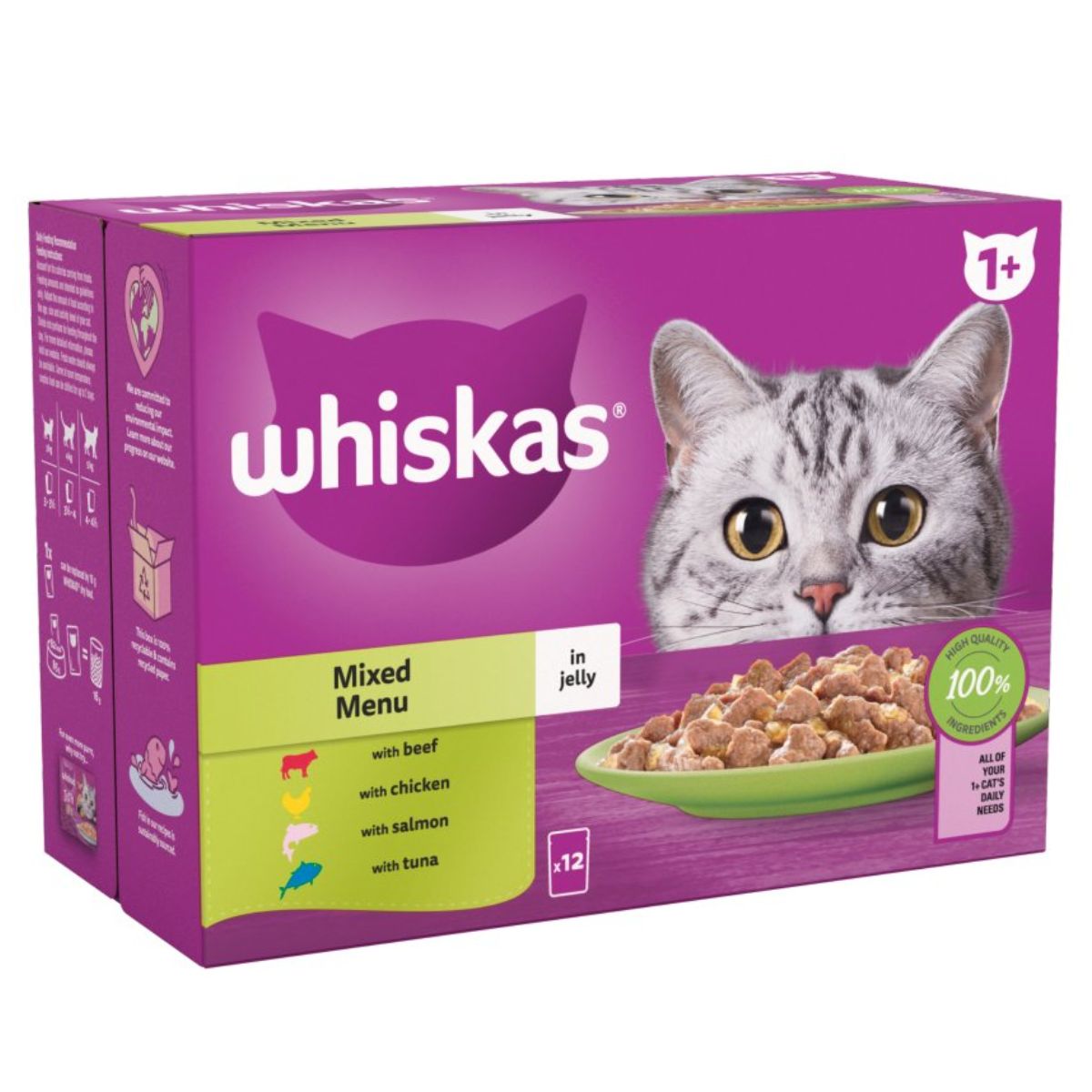 Whiskas - 1+ Mixed Menu Adult Wet Cat Food Pouches in Jelly - 12 x 85g cat food in a box.