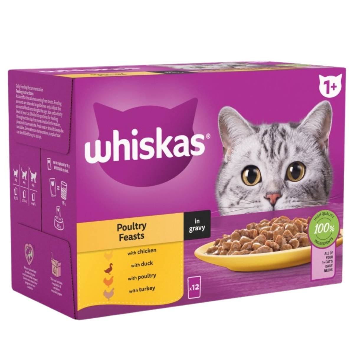 Whiskas cat food packaging with a purple background and a picture of a cat on it.