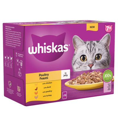 A Whiskas - 7+ Poultry Feasts Senior Wet Cat Food Pouches in Jelly box (12 x 85g) for cats aged 7+, featuring chicken, duck, poultry, and turkey flavors. Packaging shows a cat’s face and a bowl of food.