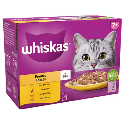 Whiskas 7+ Poultry Feasts Senior Wet Cat Food Pouches in Jelly (12 x 85g), specially made for cats aged 7+, with chicken, duck, poultry, and turkey flavors.