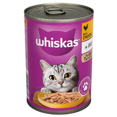 A 400g tin of Whiskas Adult Wet Cat Food Chicken in Jelly features a gray tabby cat and a plate of food on its vibrant purple label.