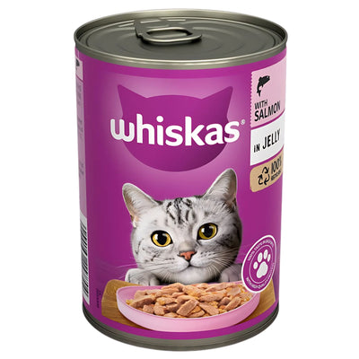 A 400g tin of Whiskas - Adult Wet Cat Food Salmon In Jelly, featuring the Whiskas brand with a gray tabby cat and a bowl of salmon cat food on the purple label.