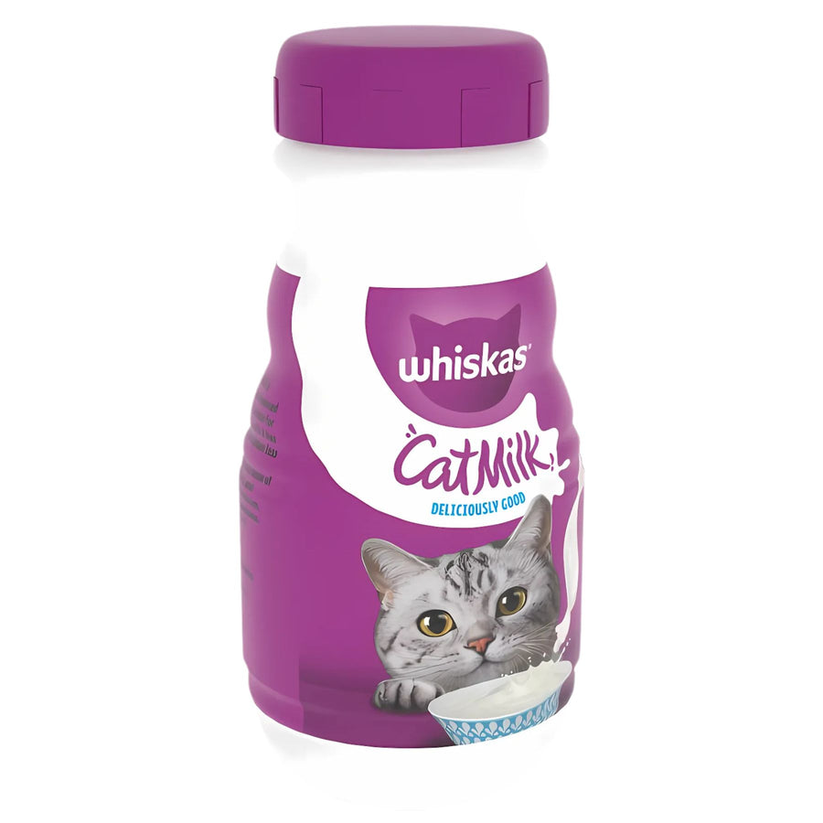 A 200ml bottle of Whiskas Catmilk, a complementary pet food from Whiskas, features a purple cap and a label with a cat and bowl of cat milk on the front.