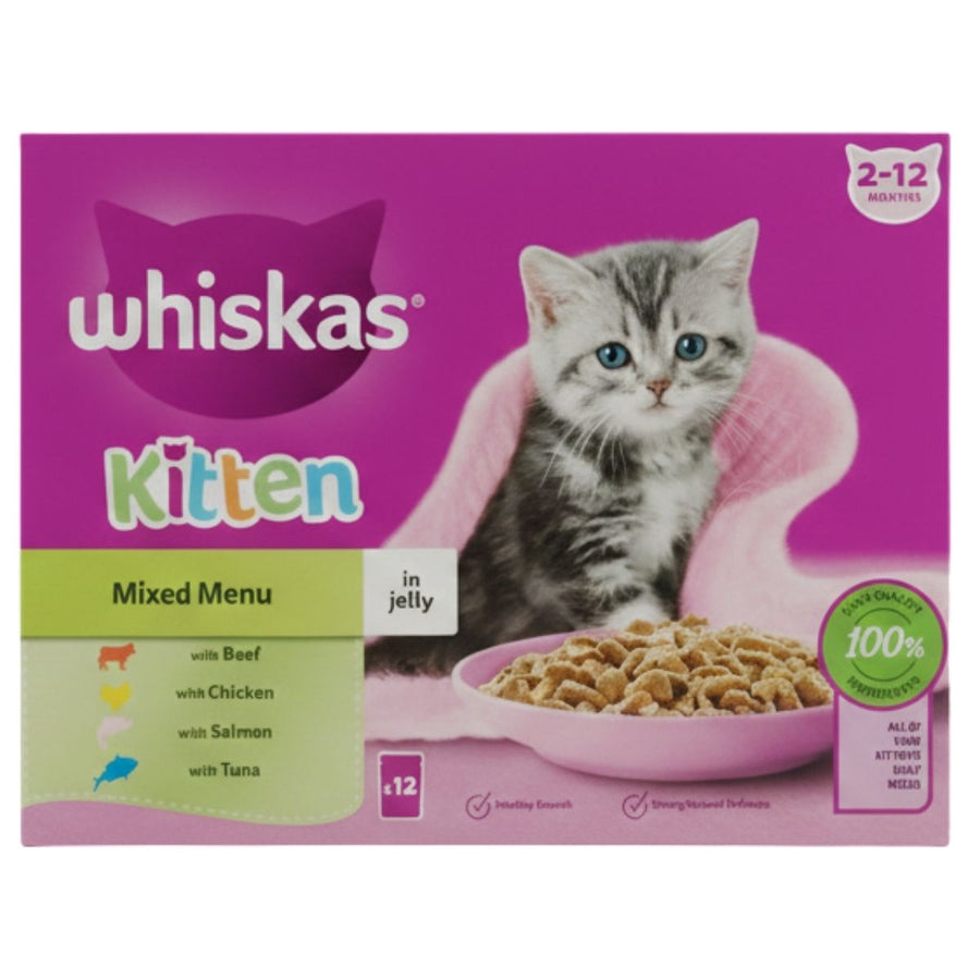Whiskas Kitten Mixed Menu (2-12 Months) Wet Cat Food Pouches in Jelly, 12 x 85g, offers beef, chicken, salmon, and tuna flavors in convenient pouches for kittens aged 2-12 months.