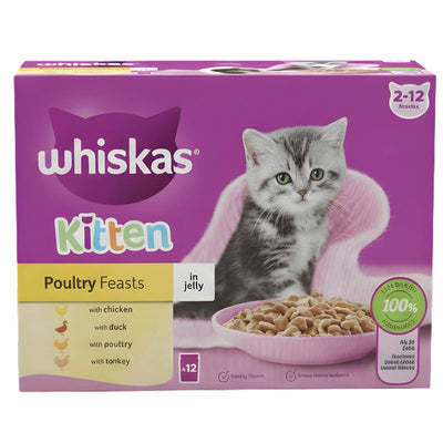 Whiskas Kitten Poultry Feasts Wet Cat Food Pouches in Jelly (12 x 85g) support kitten nutrition for ages 2-12 months. Featuring a gray and white kitten with a food bowl, this Whiskas product provides complete wet food meals.
