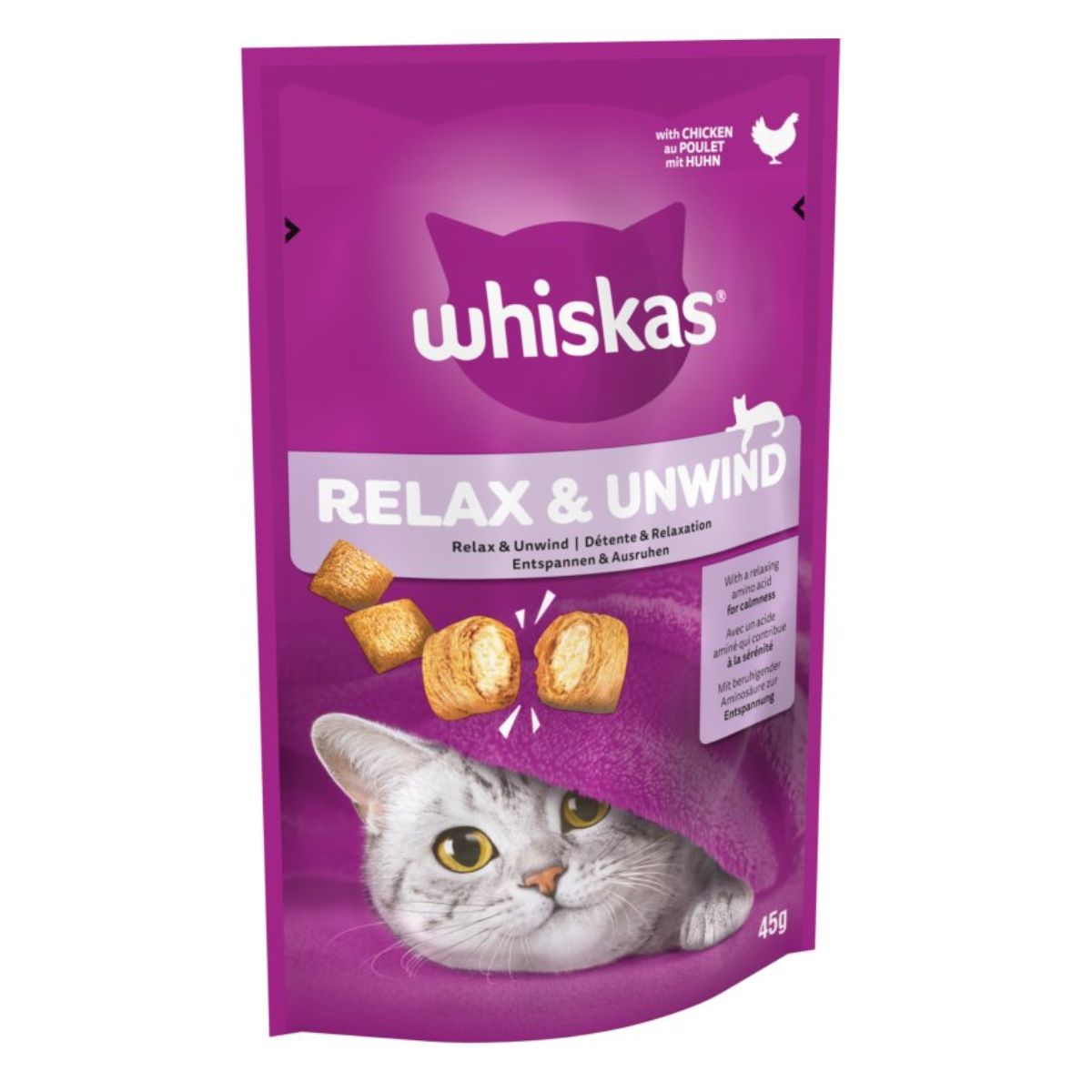 A package of Whiskas - Relax & Unwind Adult Cat Treats with Chicken - 45g, with a depiction of a cat and treat pieces, highlighted by a vibrant purple background.