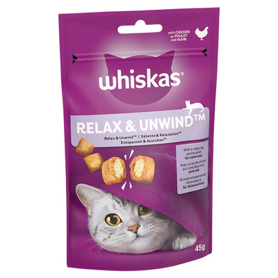 A 45g pouch of Whiskas - Relax & Unwind Adult Cat Treats with Chicken, featuring a cat and treat pieces on the packaging.