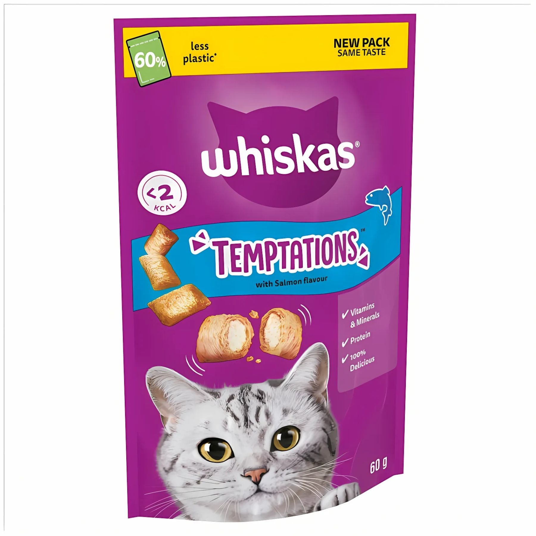 A 60g pouch of Whiskas - Temptations Adult Cat Treats with Salmon, shown in purple and yellow packaging featuring a cat image and product details.
