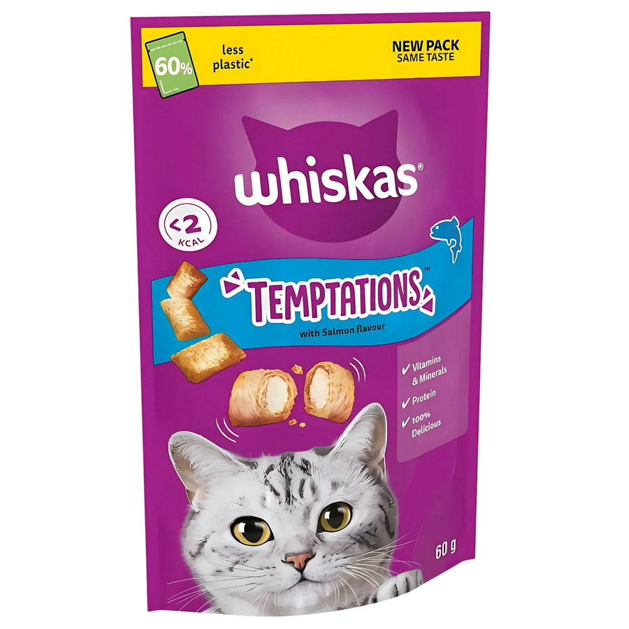 A 60g pouch of Whiskas Temptations Adult Cat Treats with Salmon, featuring the Whiskas brand and product details on the front.