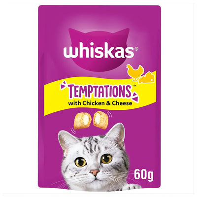 Whiskas - Temptations Chicken & Cheese 60g features a playful cat and snack illustrations on a purple pouch—an ideal treat to reward your feline friend.