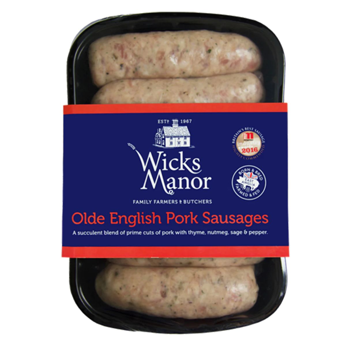 Pack of Wicks Manor - Olde English Pork Sausages - 360g in a black tray.