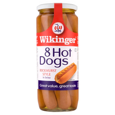 A 560g glass jar of Wikinger - 8 Hot Dogs in Brine, featuring a label with a juicy hot dogs illustration and the text “Great value, great taste.”.