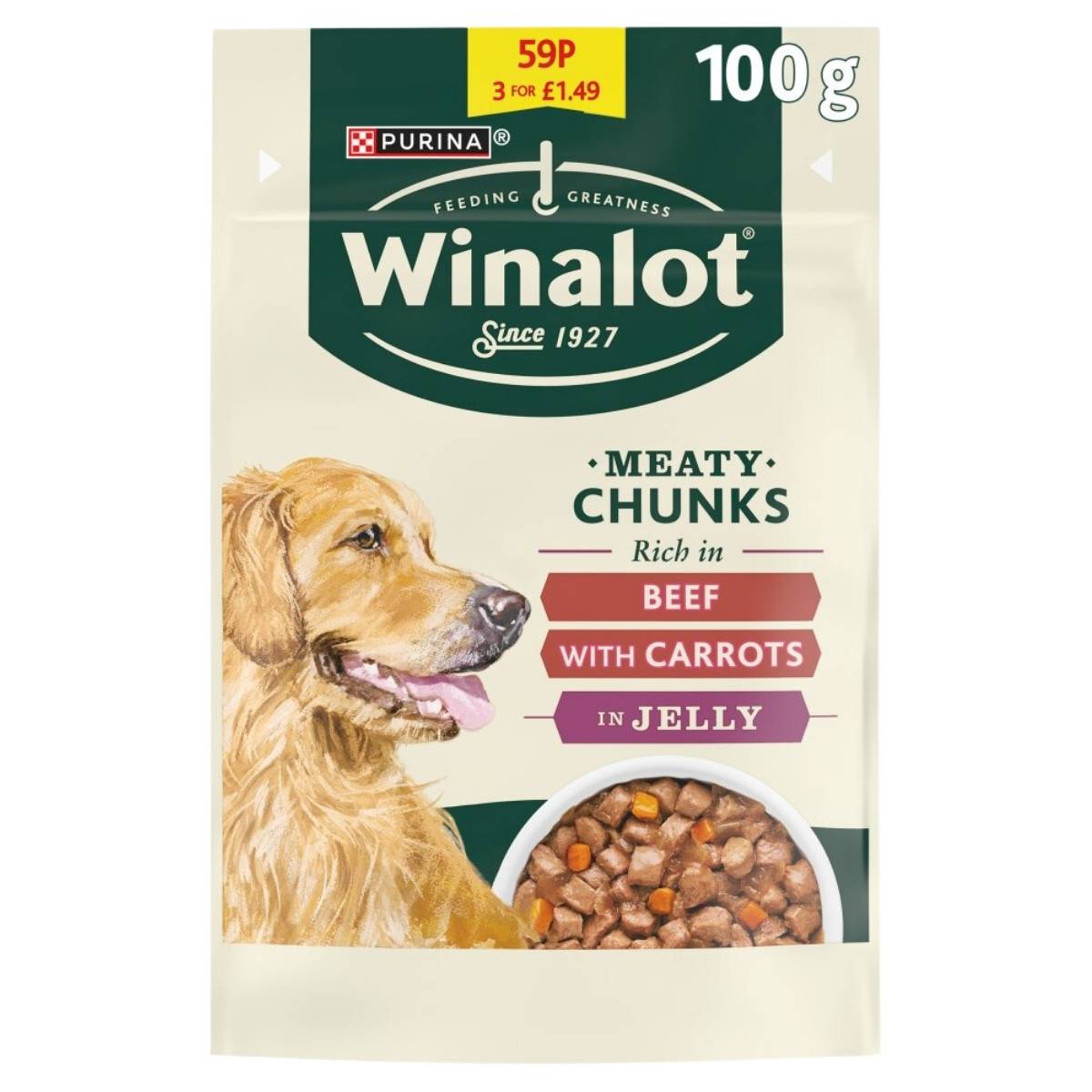 A 100g pouch of Winalot - Meaty Beef Chunks in Jelly, featuring "Rich in Beef with Carrots in Jelly" for a protein-rich meal. The image shows a happy dog next to a bowl filled with this nutritious delight.