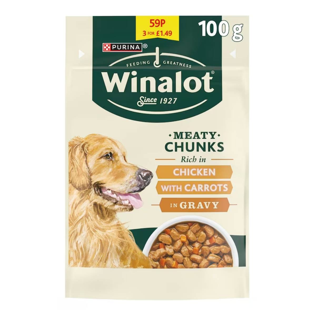 A 100g packet of Winalot Meaty Chunks Chicken with Carrots in Gravy, featuring a golden retriever and food bowl on the packaging.