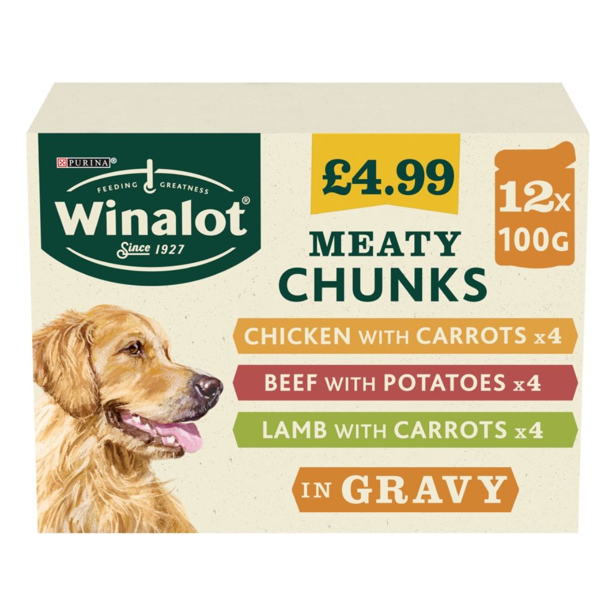 Purina Winalot meaty chunks with chicken, carrots, potatoes and gravy.