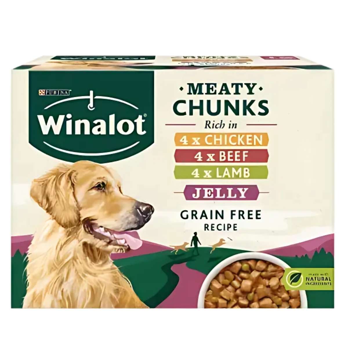 Winalot - Meaty Chunks in Jelly, 12 x 100g, offering chicken, beef, and lamb flavors. The packaging features a golden retriever image and promotes a grain-free recipe with natural ingredients, making it ideal for delighting your dog's palate with tasty meaty chunks.