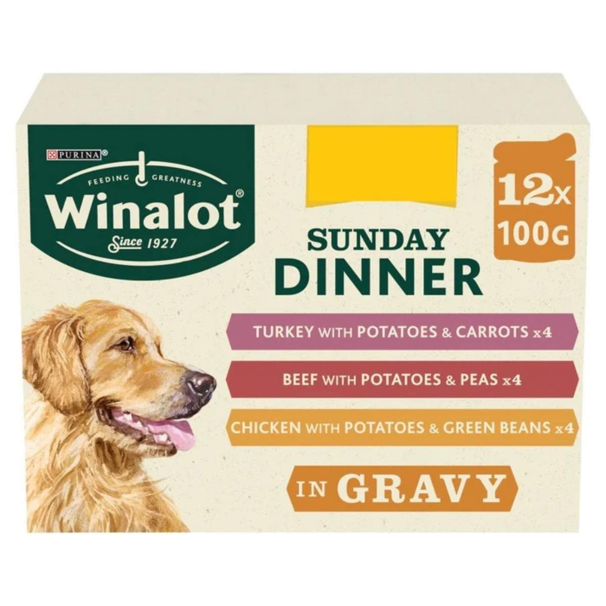 Winalot Sunday Dinner for dogs packaging with a dog's face on it