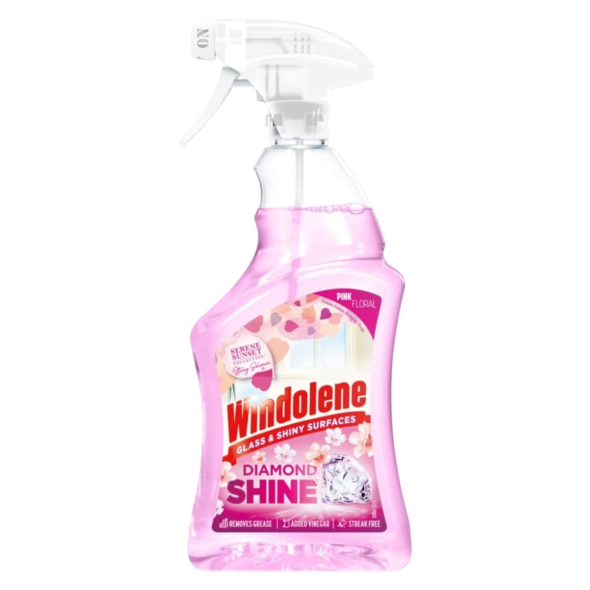 A 750ml bottle of Windolene Glass & Shiny Surface Cleaner with a trigger spray, offering streak-free and grease-removing power.
