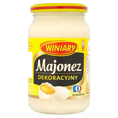 Winiary Decorative Mayonnaise 400ml by Winiary features a yellow label with egg images, ideal as a creamy mayonnaise or gourmet salad dressing.