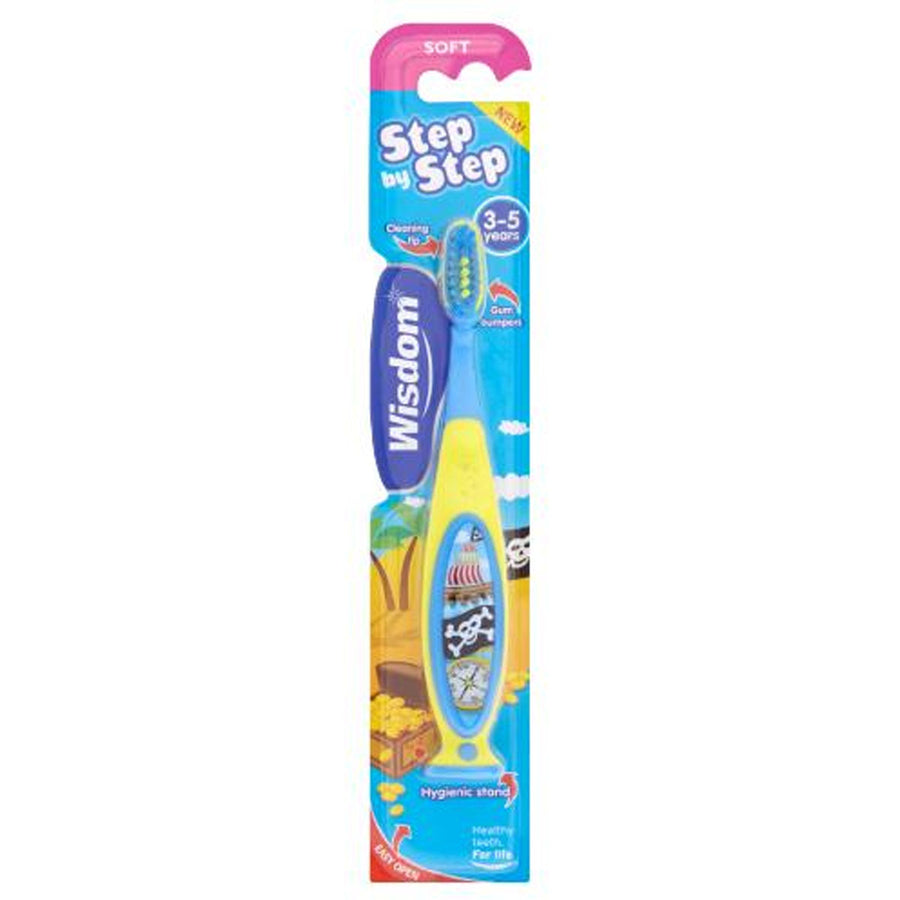The Wisdom - Step by Step Soft Toothbrush 3-5 Years is a children's toothbrush with soft bristles and a pirate-themed design.