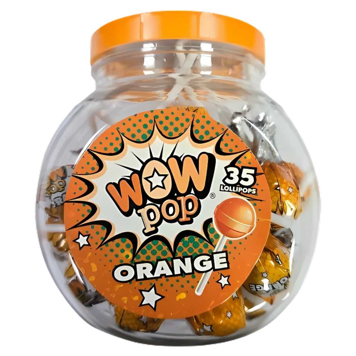 A clear jar labeled "Wow Pop - Orange Lollipops - 350g" is filled with 35 orange-flavored treats, providing a delightful mix of sweetness and tanginess.