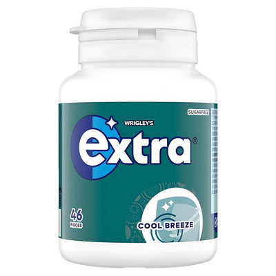 A white plastic bottle of Wrigley's Extra Cool Breeze sugarfree gum, 46 pieces, with a green and blue label.