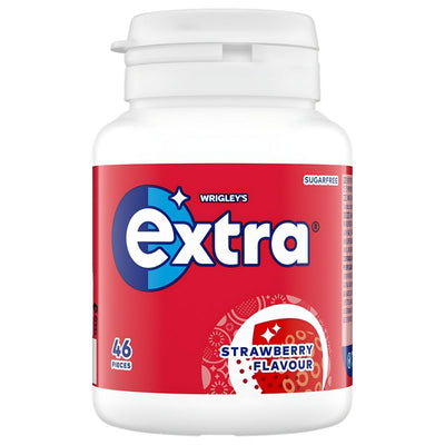 A tub of Wrigley's Extra Strawberry Flavour chewing gum contains 46 pieces, as shown on the red and white label.