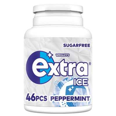 A 64g Wrigley's Extra Tub Ice Peppermint Chewing Gum contains 46 sugar-free pieces with microgranules that support dental health.