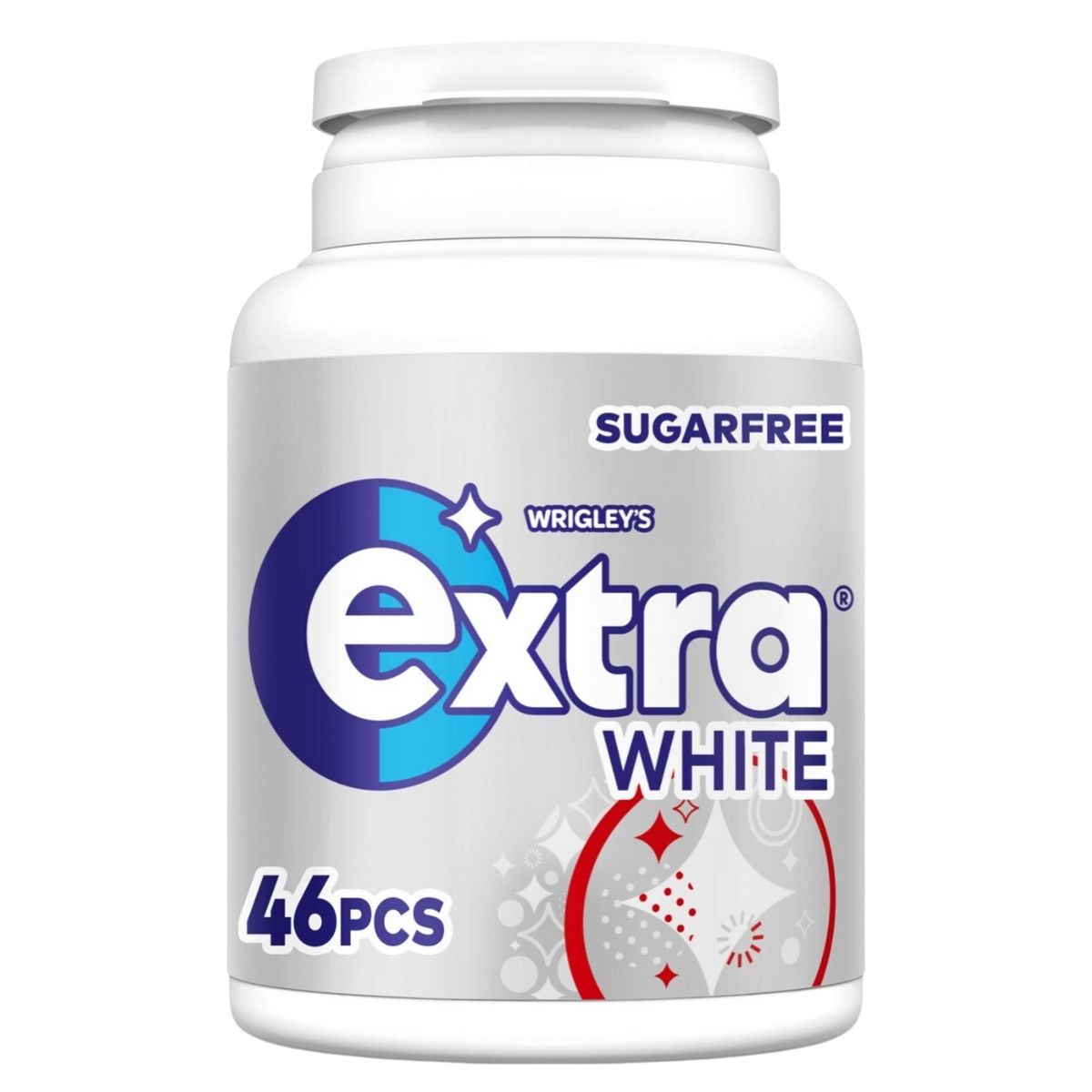 A 64g white plastic container of Wrigley's Extra White sugarfree gum, containing 46 pieces.