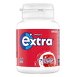 A 64g white plastic container of Wrigley's Extra Sugar Free Gum, Strawberry Flavour, with 46 pieces. The red label features white and blue accents.