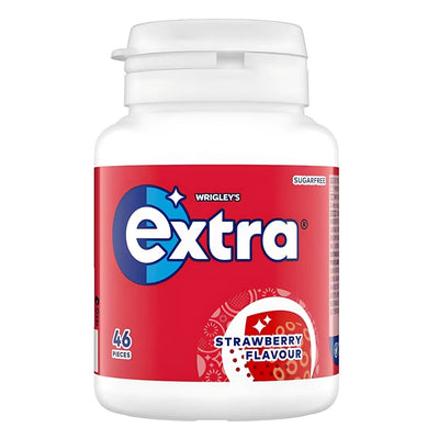A 64g white plastic container of Wrigley's Extra Sugar Free Gum, Strawberry Flavour, with 46 pieces. The red label features white and blue accents.